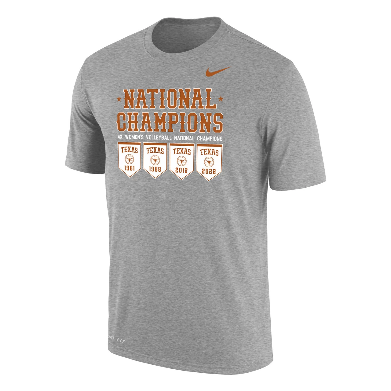 Nike Unisex Volleyball University Of Texas 4-Time Champions Dri-Fit Cotton Short Sleeve Tee - Dark Heather Grey